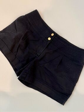 Tory Burch Black High-Waist Knit-Band Shorts with Gold Buttons